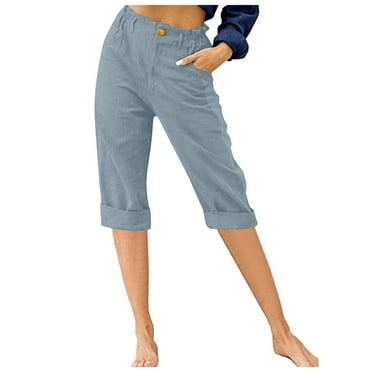 HOOJT Clearance!3/4 Trousers for Women Cropped Linen Trousers Baggy Plain Capri Pants Summer Comfy Loose Button Lounge Pants Elasticated Waist Hiking Joggers with Pockets