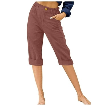 HOOJT Clearance!Capri Pants for Women,Cotton Linen Cropped Trousers Women Plain Summer Button 3/4 Trousers Elasticated Waist Lounge Pants Three Quarter Length Bottoms with Pockets