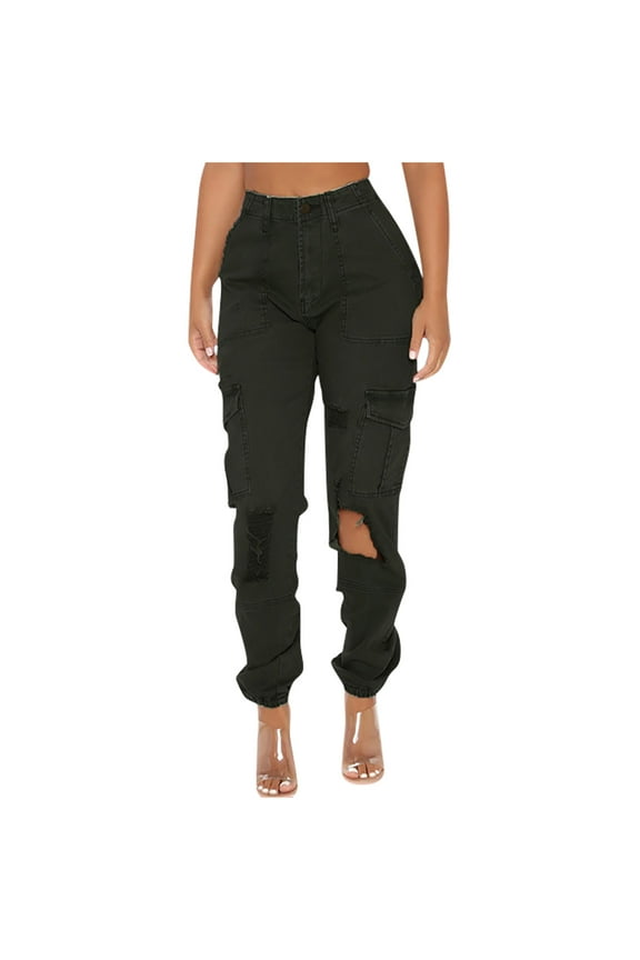 Clearance!Cargo Trousers Women Ripped Camouflage Jeans High Waist Hiking Walking Combat Pants Chinos Casual Work Joggers Outdoor Jogging Bottoms Denim