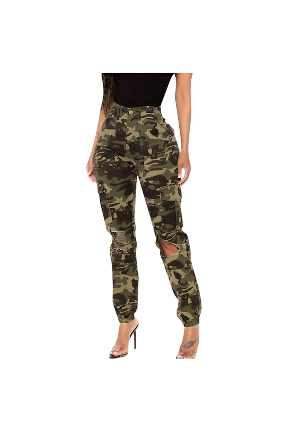 Clearance!Cargo Trousers Women Ripped Camouflage Jeans High Waist Hiking Walking Combat Pants Chinos Casual Work Joggers Outdoor Jogging Bottoms Denim