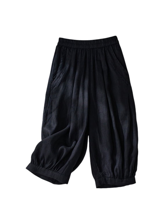 Cotton Linen Trousers Womens Wide Leg Elasticated Waist Trousers Ladies Summer Harem Pants Comfy Baggy Lounge Pants Loose Fit Casual Bottoms