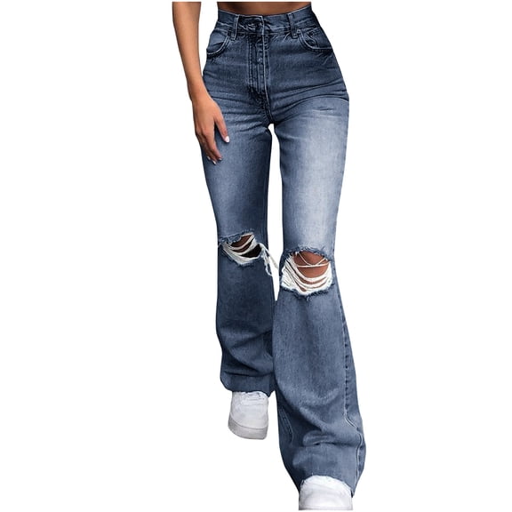 HOOJT Clearance!Jeans for Women Summer Skinny Stretch Flared Trousers Button Zipper Ripped Denim Lounge Pants Y2k Streetwear Slim Fit Pants with Pockets