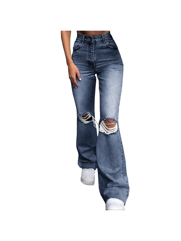 Clearance!Jeans for Women Summer Skinny Stretch Flared Trousers Button Zipper Ripped Denim Lounge Pants Y2k Streetwear Slim Fit Pants with Pockets