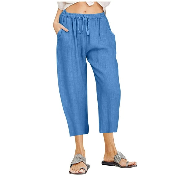 HOOJT Linen Trousers Womens Wide Leg 3/4 Trousers with Pockets Baggy Capri 3/4 Pants Casual Loose Fit Track Beach Lounge Pants