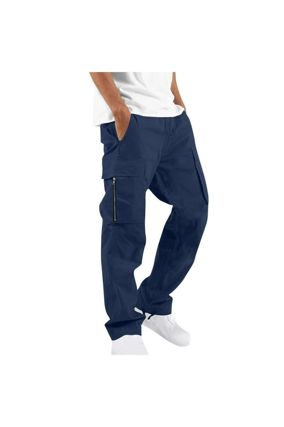 Men's Cargo Length Pants Men Solid Casual Multiple Pockets Outdoor Straight Type Fitness Cargo Trousers