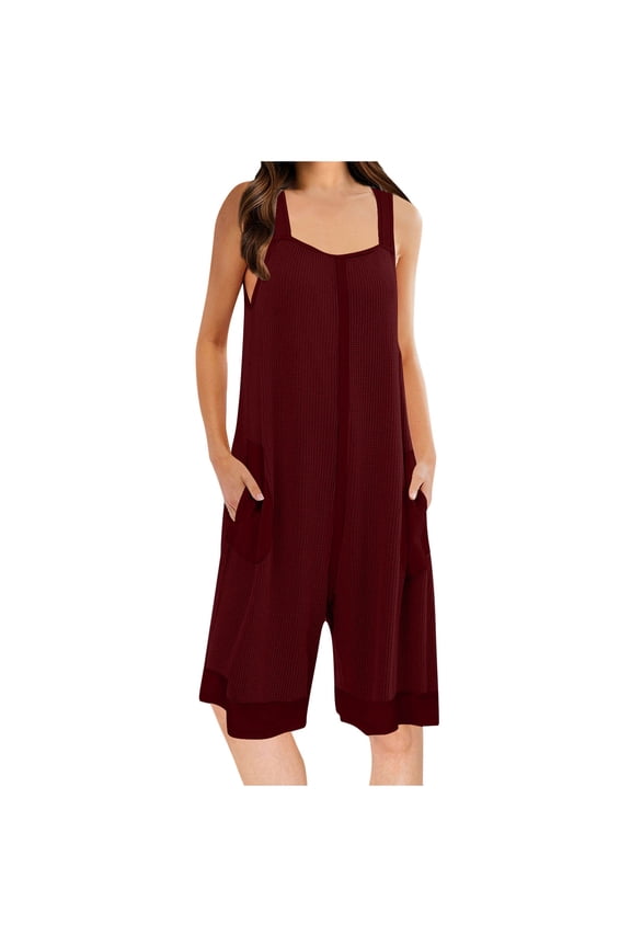 Clearance!Women Short Dungarees Summer Casual Sleeveless Romper Elegant Corduroy Playsuit Wide Leg Overall with Pocket Solid Color