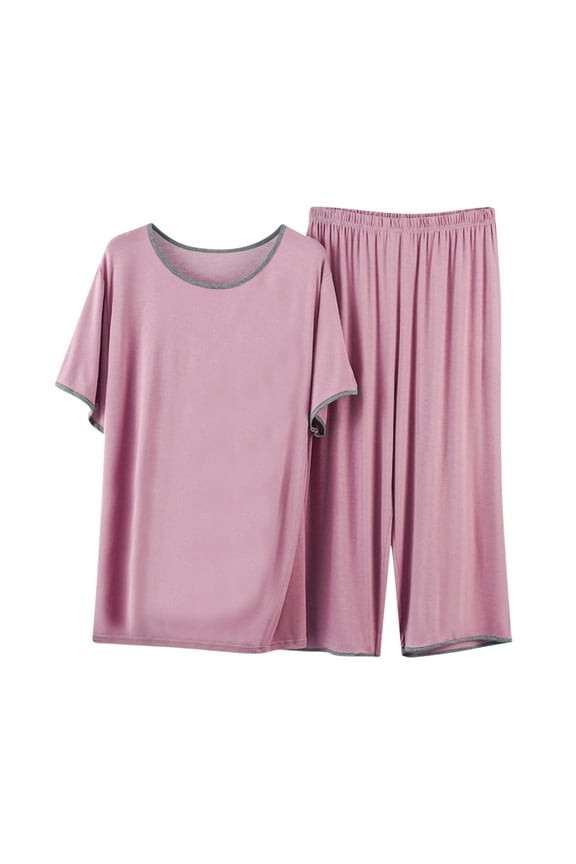 Women's Pajamas Home Wear Two-piece Set, Sleepwear Short Sleeved Capris Large And Thin Casual And Minimalist Home Wear Two-piece Set