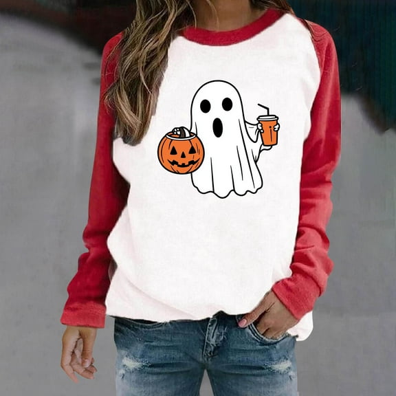 HOOJT Halloween Sweatshirts for Women Oversized Loose Long Sleeve Shirts Fall Round-Neck Blouses Cute Funny Printed Sweaters Crewneck Pullover Top Halloween Costumes