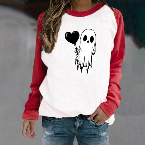 HOOJT Halloween Sweatshirts for Women Oversized Loose Long Sleeve Shirts Fall Round-Neck Blouses Cute Funny Printed Sweaters Crewneck Pullover Top Halloween Costumes