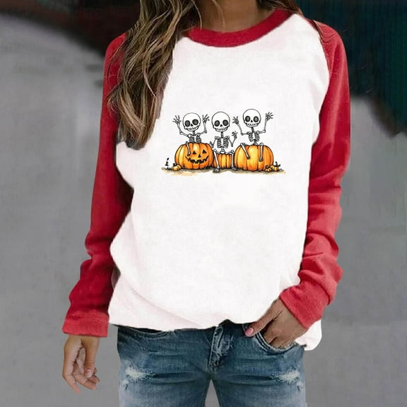 HOOJT Halloween Sweatshirts for Women Oversized Loose Long Sleeve Shirts Fall Round-Neck Blouses Cute Funny Printed Sweaters Crewneck Pullover Top Halloween Costumes
