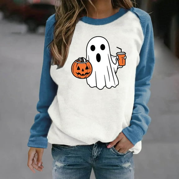 HOOJT Halloween Sweatshirts for Women Oversized Loose Long Sleeve Shirts Fall Round-Neck Blouses Cute Funny Printed Sweaters Crewneck Pullover Top Halloween Costumes