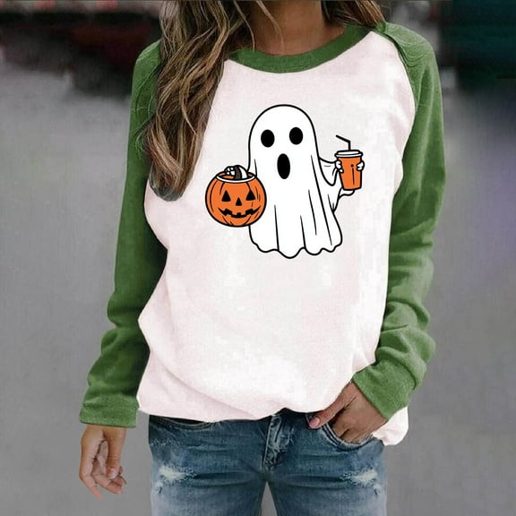 HOOJT Halloween Sweatshirts for Women Oversized Loose Long Sleeve Shirts Fall Round-Neck Blouses Cute Funny Printed Sweaters Crewneck Pullover Top Halloween Costumes