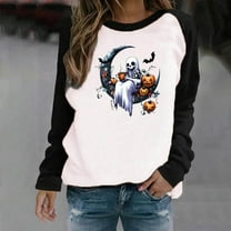 HOOJT Halloween Sweatshirts for Women Oversized Loose Long Sleeve Shirts Fall Round-Neck Blouses Cute Funny Printed Sweaters Crewneck Pullover Top Halloween Costumes