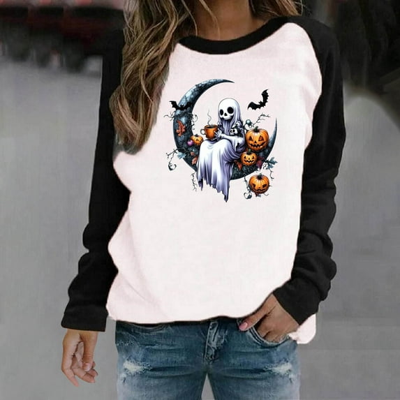 HOOJT Halloween Sweatshirts for Women Oversized Loose Long Sleeve Shirts Fall Round-Neck Blouses Cute Funny Printed Sweaters Crewneck Pullover Top Halloween Costumes