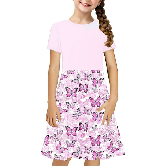 HOOJT Kids Girls Shirt Dress Toddler Cute Splicing Print Short Sleeve Stretchy Dress A Line Skirts Casual Summer Dresses Outfits