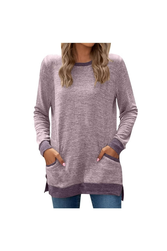 Women's Casual Blouses Tops Solid Color Long Shirts Round Neck Sweatshirt with Pockets Spring/Fall Clothing Long Sleeve Pullover Blouse Top
