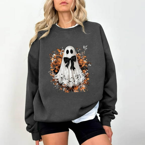 HOOJT Women's Crewneck Sweatshirts Fall Long Sleeve Shirts Halloween Printed Hoodless Sweatshirts Funny Novelty Pumpkin Print Loose Pullover Top Halloween Costumes