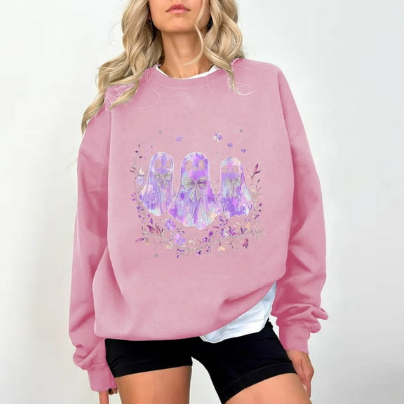 HOOJT Women's Crewneck Sweatshirts Fall Long Sleeve Shirts Halloween Printed Hoodless Sweatshirts Funny Novelty Pumpkin Print Loose Pullover Top Halloween Costumes