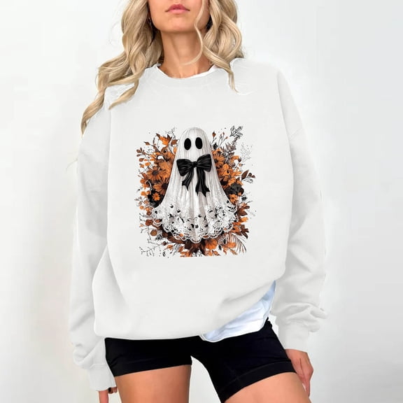HOOJT Women's Crewneck Sweatshirts Fall Long Sleeve Shirts Halloween Printed Hoodless Sweatshirts Funny Novelty Pumpkin Print Loose Pullover Top Halloween Costumes
