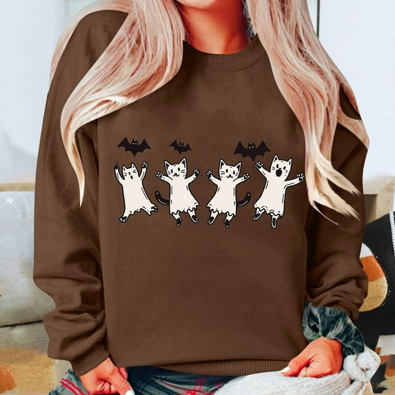 HOOJT Women's Crewneck Sweatshirts Fall Long Sleeve Sweaters Halloween Cute Ghost Printed Hoodless Sweatshirts Loose Pullover Top Halloween Costumes