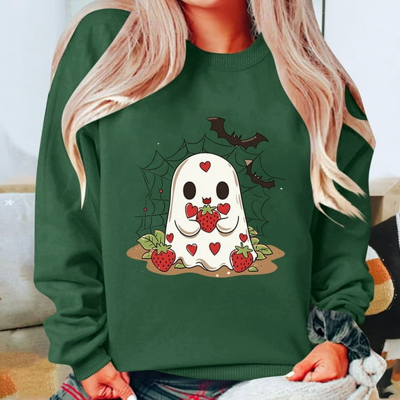 HOOJT Women's Crewneck Sweatshirts Fall Long Sleeve Sweaters Halloween Cute Ghost Printed Hoodless Sweatshirts Loose Pullover Top Halloween Costumes