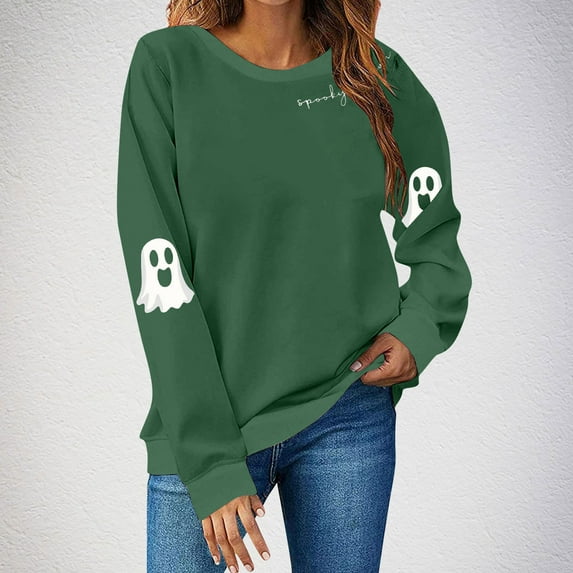 HOOJT Women's Crewneck Sweatshirts Fall Long Sleeve Sweaters Halloween Cute Ghost Printed Hoodless Sweatshirts Loose Pullover Top Halloween Costumes