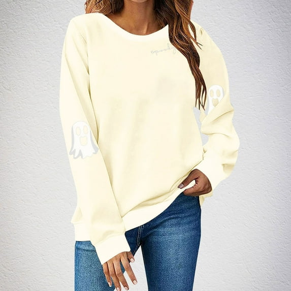 HOOJT Women's Crewneck Sweatshirts Fall Long Sleeve Sweaters Halloween Cute Ghost Printed Hoodless Sweatshirts Loose Pullover Top Halloween Costumes