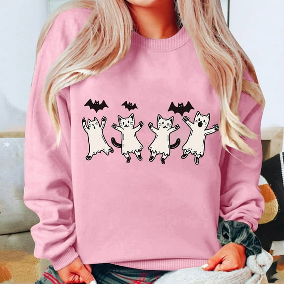 HOOJT Women's Crewneck Sweatshirts Fall Long Sleeve Sweaters Halloween Cute Ghost Printed Hoodless Sweatshirts Loose Pullover Top Halloween Costumes