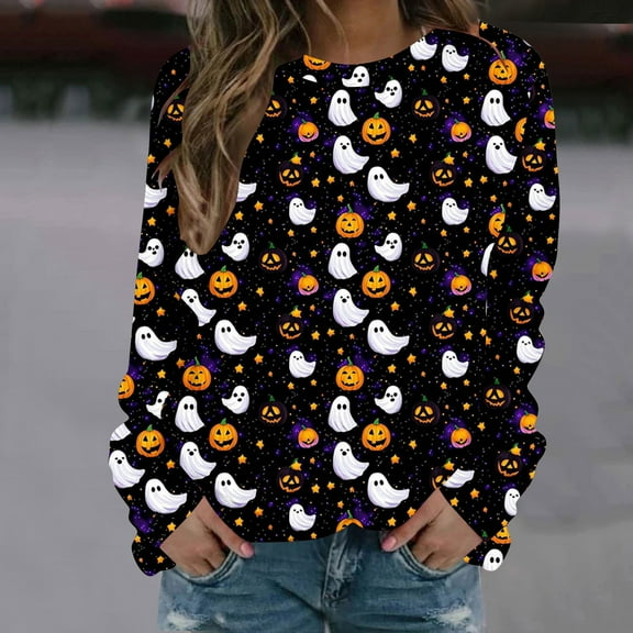 HOOJT Women's Long Sleeve Crewneck Shirts Halloween Round-Neck Sweatshirts Funny Printed Blouses Loose Sweatshirt Pullover Top Halloween Costumes