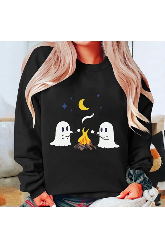 Womens Crewneck Sweatshirts Fall Long Sleeve Sweaters Halloween Cute Ghost Printed Hoodless Sweatshirts Loose Pullover Top Halloween Costumes
