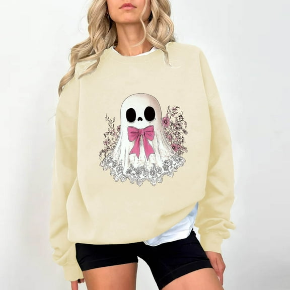 HOOJT Womens Crewneck Sweatshirts Fall Long Sleeve Sweaters Halloween Printed Hoodless Sweatshirts Funny Novelty Pumpkin Print Loose Pullover Top Halloween Costumes