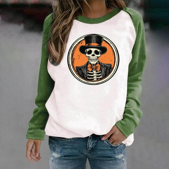 HOOJT Womens Halloween Shirts Oversized Loose Long Sleeve Sweatshirts Fall Round-Neck Blouses Cute Funny Printed Sweaters Crewneck Pullover Top Halloween Costumes
