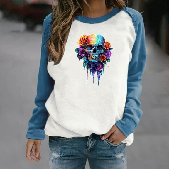 HOOJT Womens Halloween Shirts Oversized Loose Long Sleeve Sweatshirts Fall Round-Neck Blouses Cute Funny Printed Sweaters Crewneck Pullover Top Halloween Costumes