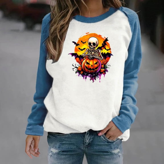 HOOJT Womens Halloween Sweatshirts Oversized Loose Long Sleeve Shirts Fall Round-Neck Blouses Cute Funny Printed Sweaters Crewneck Pullover Top Halloween Costumes