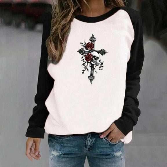 HOOJT Womens Halloween Sweatshirts Oversized Loose Long Sleeve Shirts Fall Round-Neck Blouses Cute Funny Printed Sweaters Crewneck Pullover Top Halloween Costumes