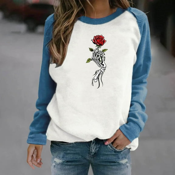 HOOJT Womens Halloween Sweatshirts Oversized Loose Long Sleeve Shirts Fall Round-Neck Blouses Cute Funny Printed Sweaters Crewneck Pullover Top Halloween Costumes