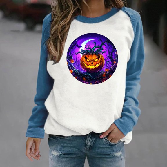 HOOJT Womens Halloween Sweatshirts Oversized Loose Long Sleeve Shirts Fall Round-Neck Blouses Cute Funny Printed Sweaters Crewneck Pullover Top Halloween Costumes