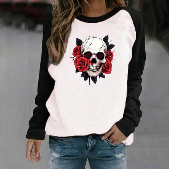 HOOJT Womens Halloween Sweatshirts Oversized Loose Long Sleeve Shirts Fall Round-Neck Blouses Cute Funny Printed Sweaters Crewneck Pullover Top Halloween Costumes