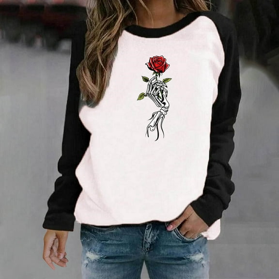 HOOJT Womens Halloween Sweatshirts Oversized Loose Long Sleeve Shirts Fall Round-Neck Blouses Cute Funny Printed Sweaters Crewneck Pullover Top Halloween Costumes