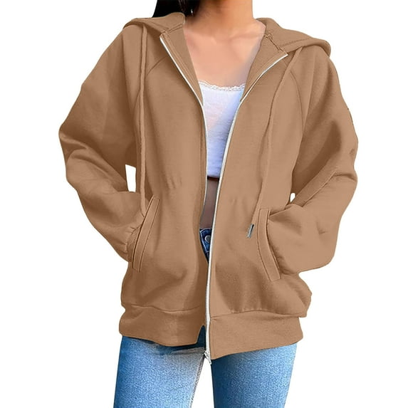 HOOJT Womens Hoodies Full Zip Casual Long Sleeve Lightweight Jackets Fall Winter Warm Casual Hooded Sweatshirt Women Solid Color Loose Comfortable Coat Outwears