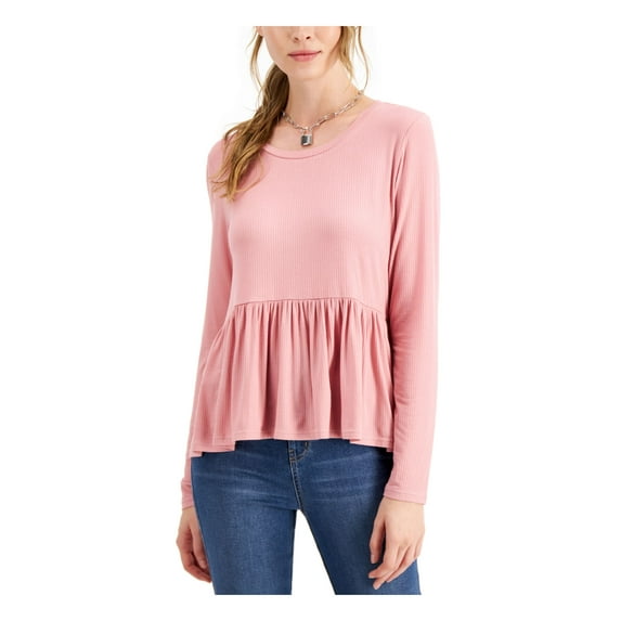 HOOKED UP Womens Pink Stretch Ribbed Textured Pinstripe Long Sleeve Jewel Neck Peplum Top M