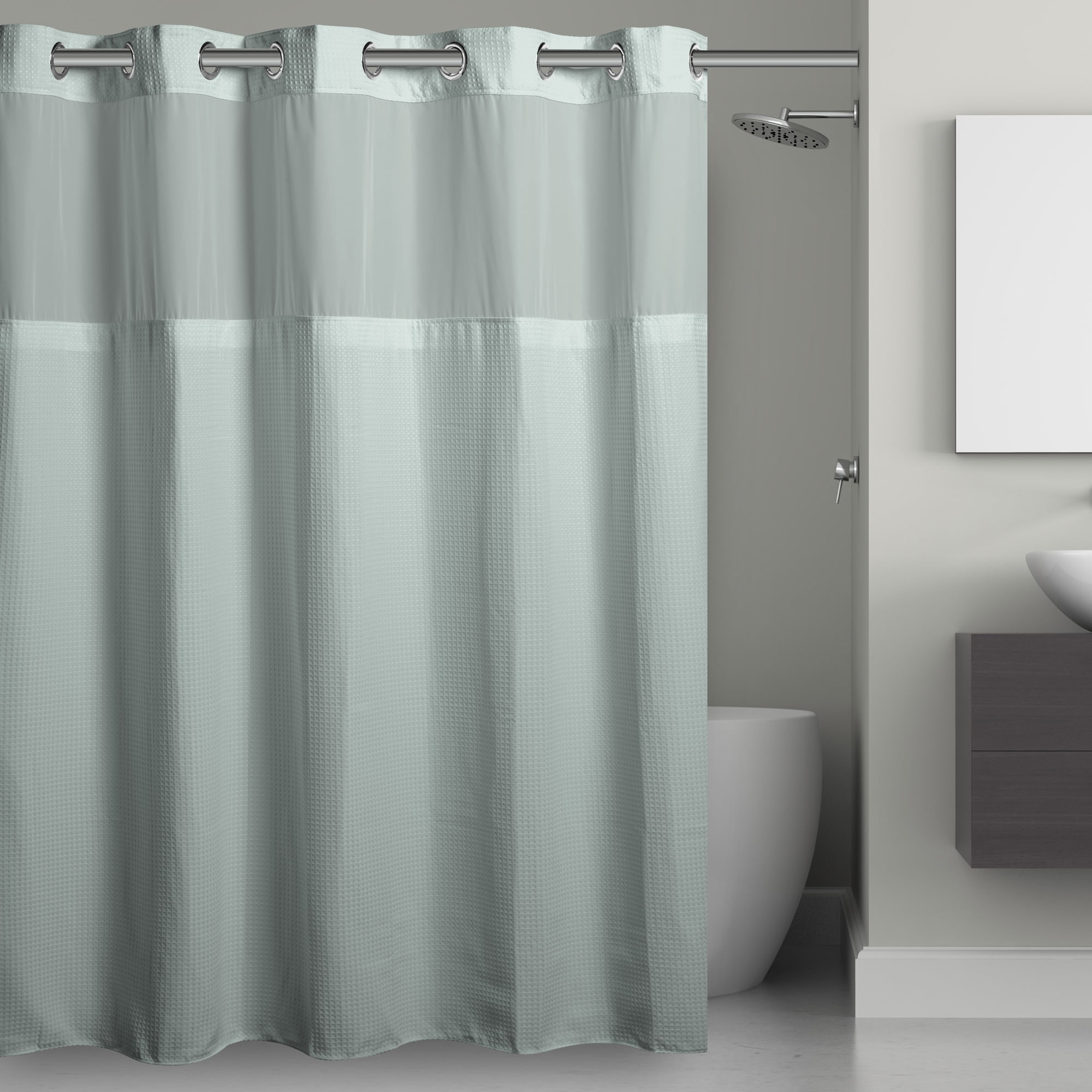 Misty Blue Waffle Hookless Shower Curtain with Sheer Window