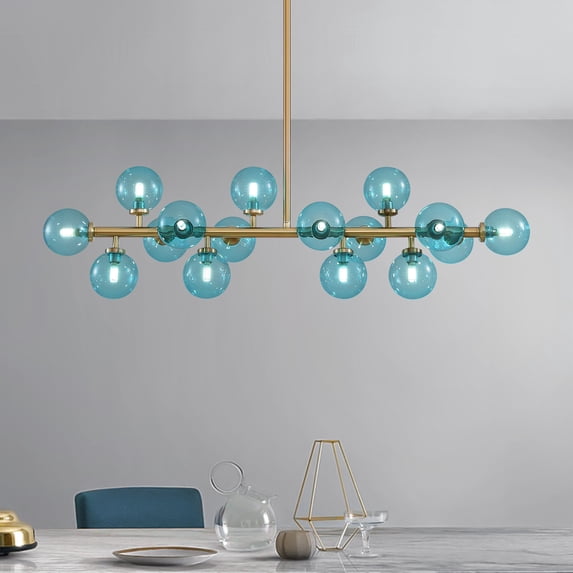 HOOMEDELIER 16-Light Dimmable Blue Globe Glass Modern Golden Sputnik Linear Chandeliers