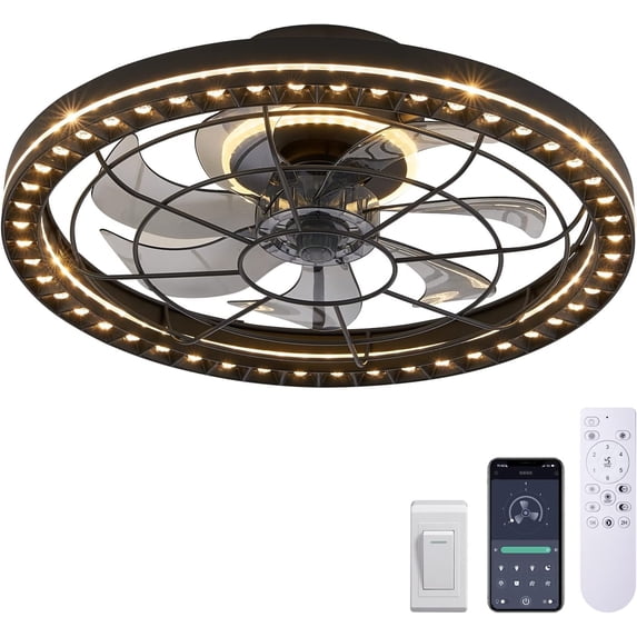 HOOMEDELIER 19" Flush Mount Ceiling Fan with Light - Low Profile Indoor Caged Fan with Tri-Color Dimming,7 Blades, Remote Control & Timer