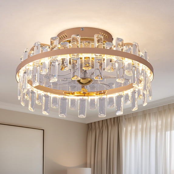 HOOMEDELIER 19" Indoor Dimmable Gold Crystal Bladeless Ceiling Fan with Lights and Remote Control, Flush Mount Ceiling Fan
