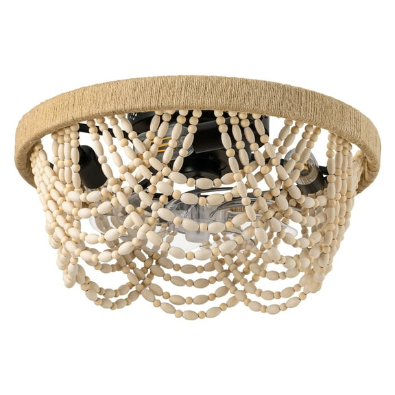 HOOMEDELIER 20" Boho Farmhouse Flush Mount Ceiling Fan with Light and Remote, Indoor Ceiling Fan with Rustic Wood Bead Shade