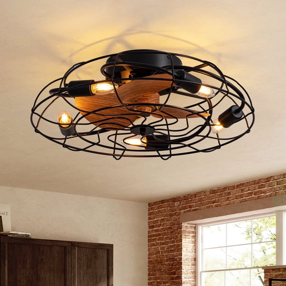 HOOMEDELIER 22" Black Industrial Ceiling Fan with Light Rustic Caged Ceiling Fan and Remote Flush Mount Fan Light