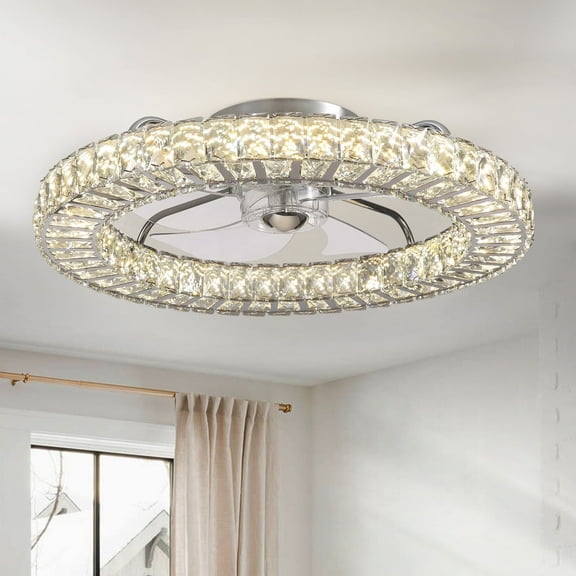 HOOMEDELIER 22" Ceiling Fan with Light, Modern Indoor Crystal Chandelier 5-Blade Ceiling Fan with 4-Light Color Change - Chrome