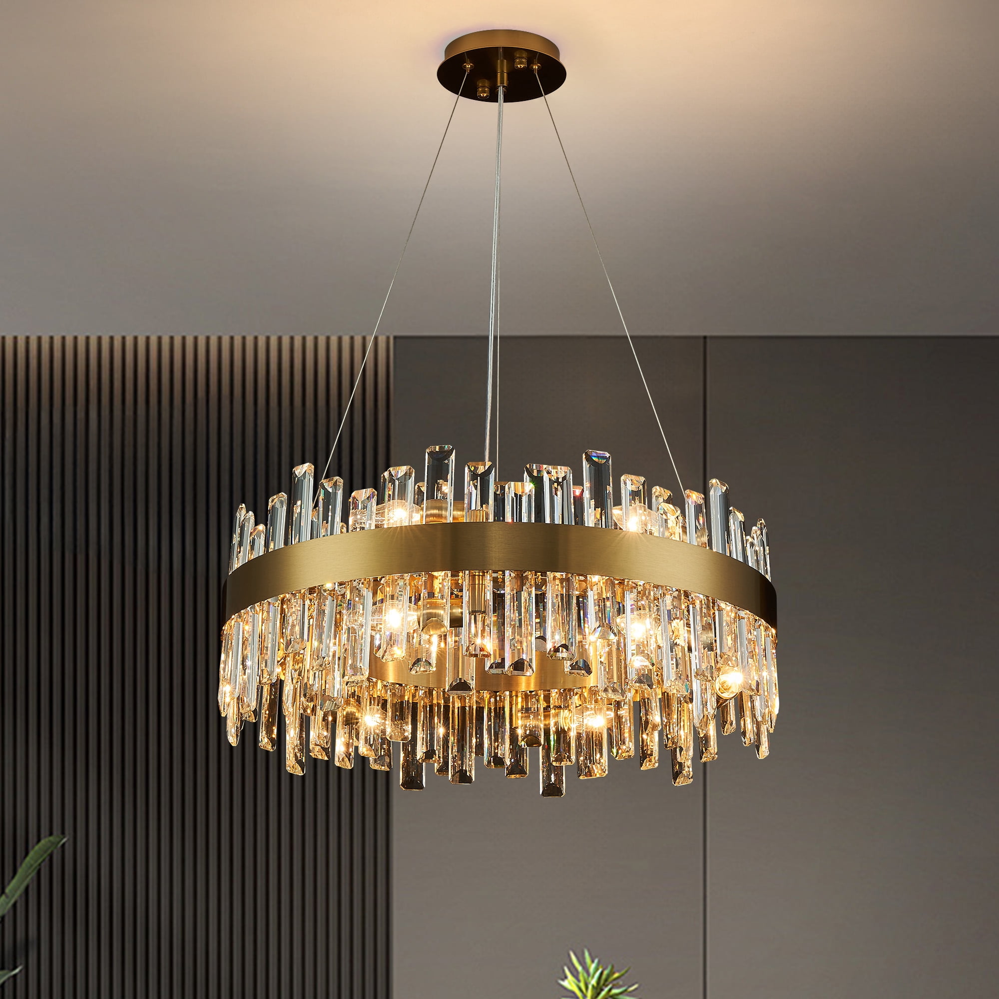 HOOMEDELIER 23.6" Modern K9 Crystal Chandelier Gold Dimmable Pendant Light Fixture for Dining Room Living Room and Kitchen Island