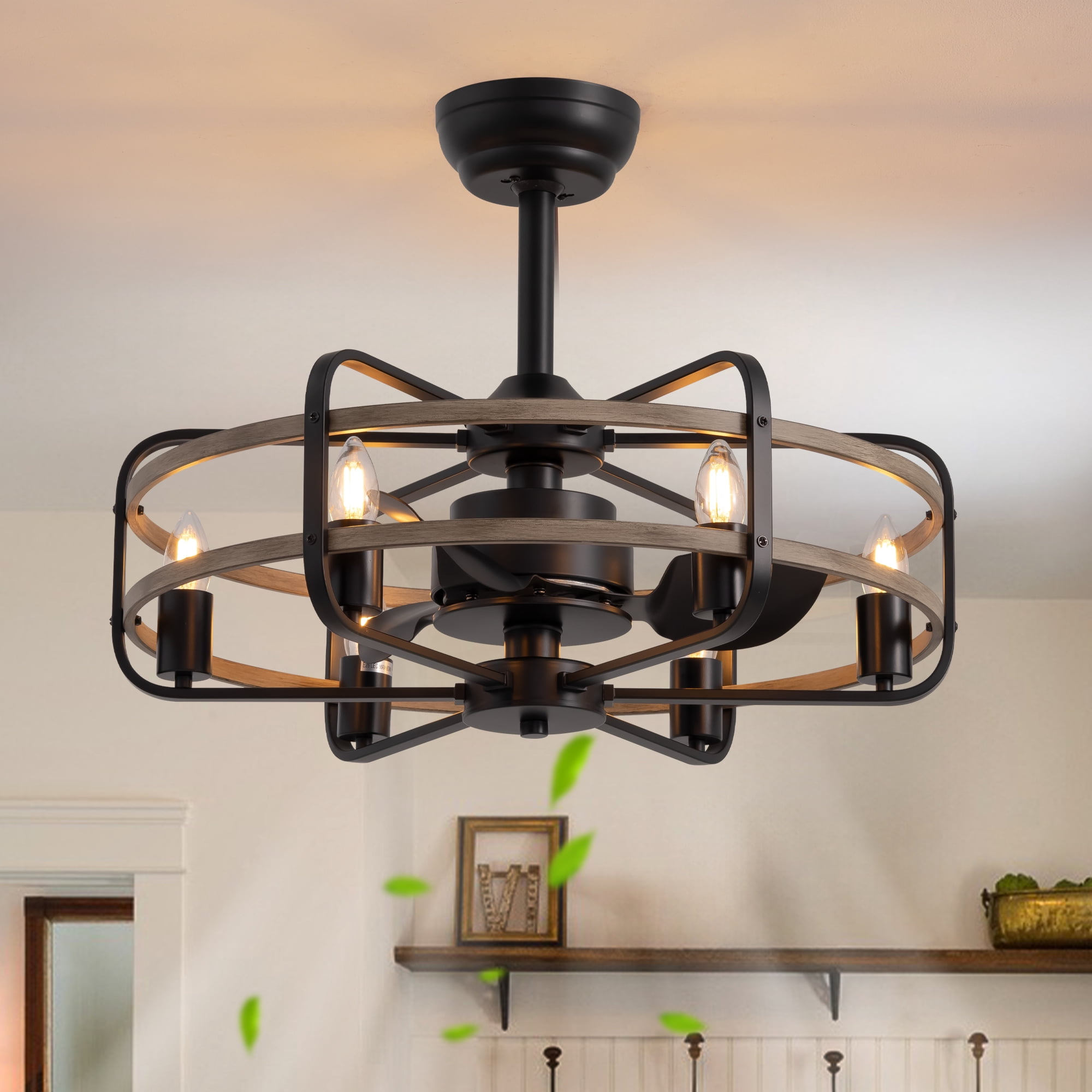 HOOMEDELIER 25" Vintage Ceiling Fan with Light and Remote Farmhouse Caged Chandelier Fan for Living Room Dining Room